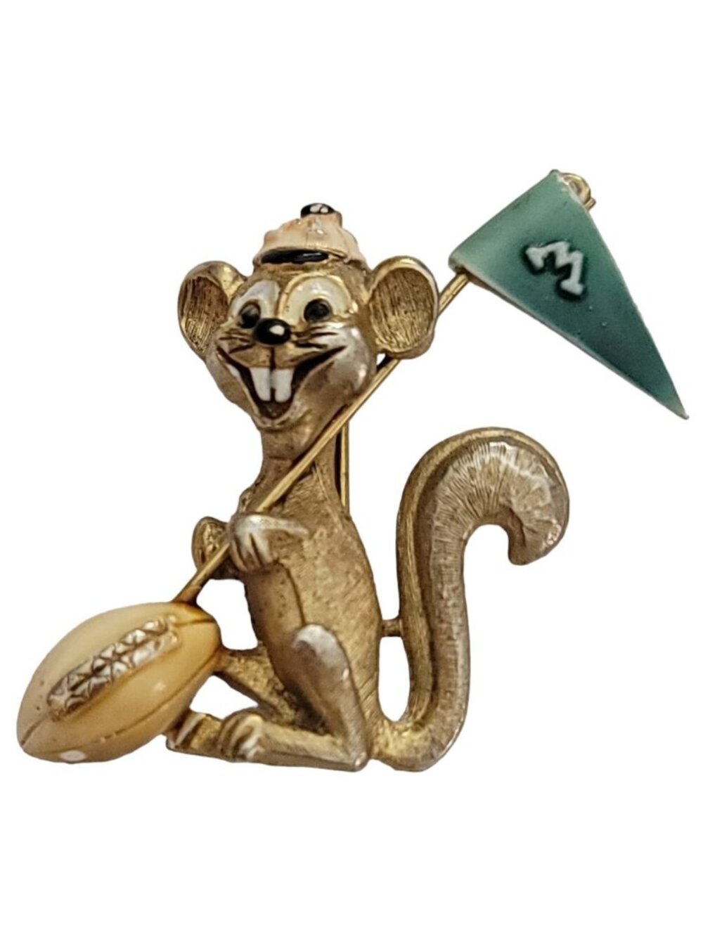 CFW Gold Tone Football Squirrel “M” Team Pin Brooch, Signed K95